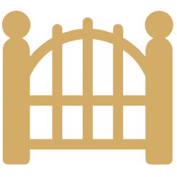 a gold gate with balls and a black background
